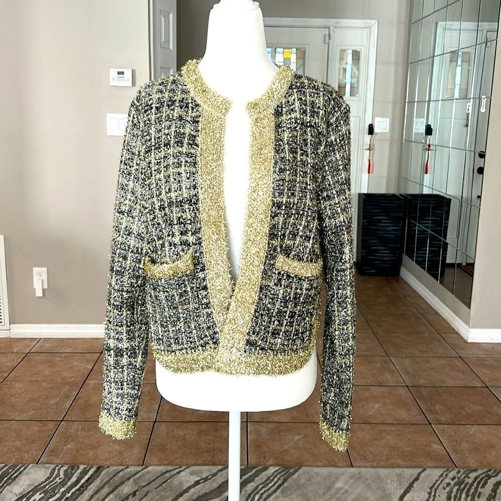 Women’s Elegant Open Front Round Neck Jacket With Gold Lurex M